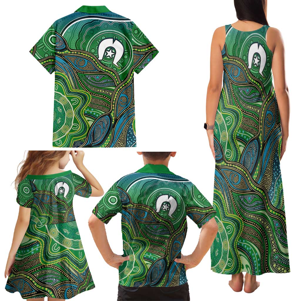 Torres Strait Islands Family Matching Tank Maxi Dress and Hawaiian Shirt Indigenous Ocean Wave Dot Green Color