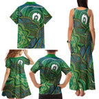 Torres Strait Islands Family Matching Tank Maxi Dress and Hawaiian Shirt Indigenous Ocean Wave Dot Green Color
