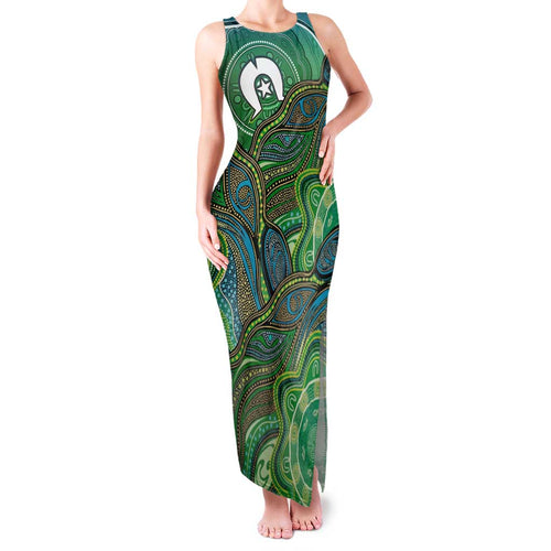 Torres Strait Islands Family Matching Tank Maxi Dress and Hawaiian Shirt Indigenous Ocean Wave Dot Green Color