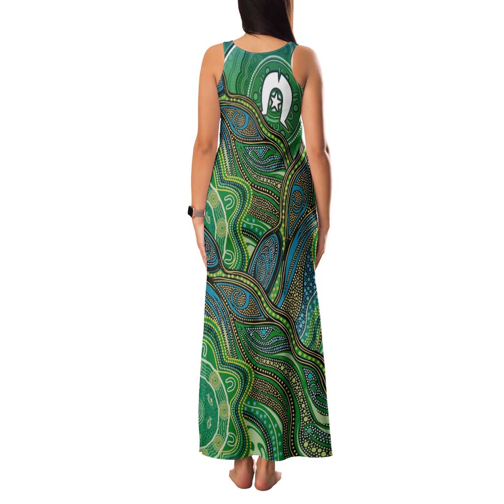 Torres Strait Islands Family Matching Tank Maxi Dress and Hawaiian Shirt Indigenous Ocean Wave Dot Green Color