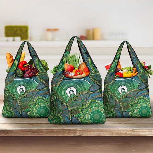 Torres Strait Islands Grocery Bag Indigenous Ocean Wave Dot Green Color