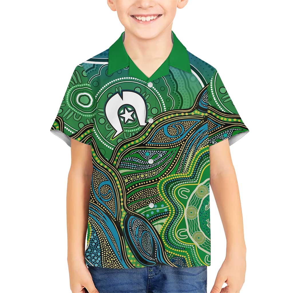 Torres Strait Islands Kid Hawaiian Shirt Indigenous Ocean Wave Dot Green Color