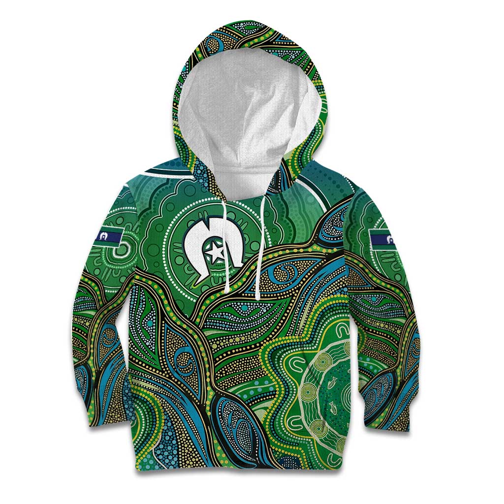 Torres Strait Islands Kid Hoodie Indigenous Ocean Wave Dot Green Color