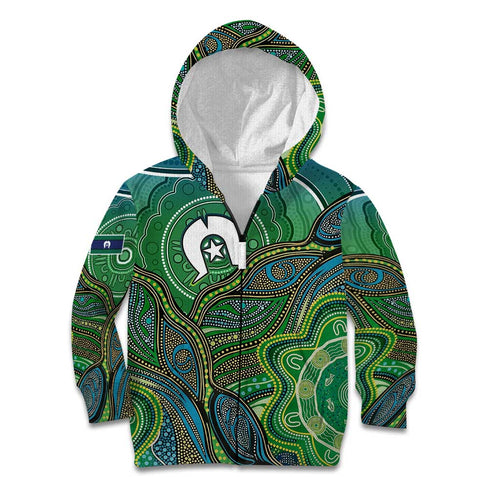 Torres Strait Islands Kid Hoodie Indigenous Ocean Wave Dot Green Color