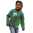 Torres Strait Islands Kid Hoodie Indigenous Ocean Wave Dot Green Color