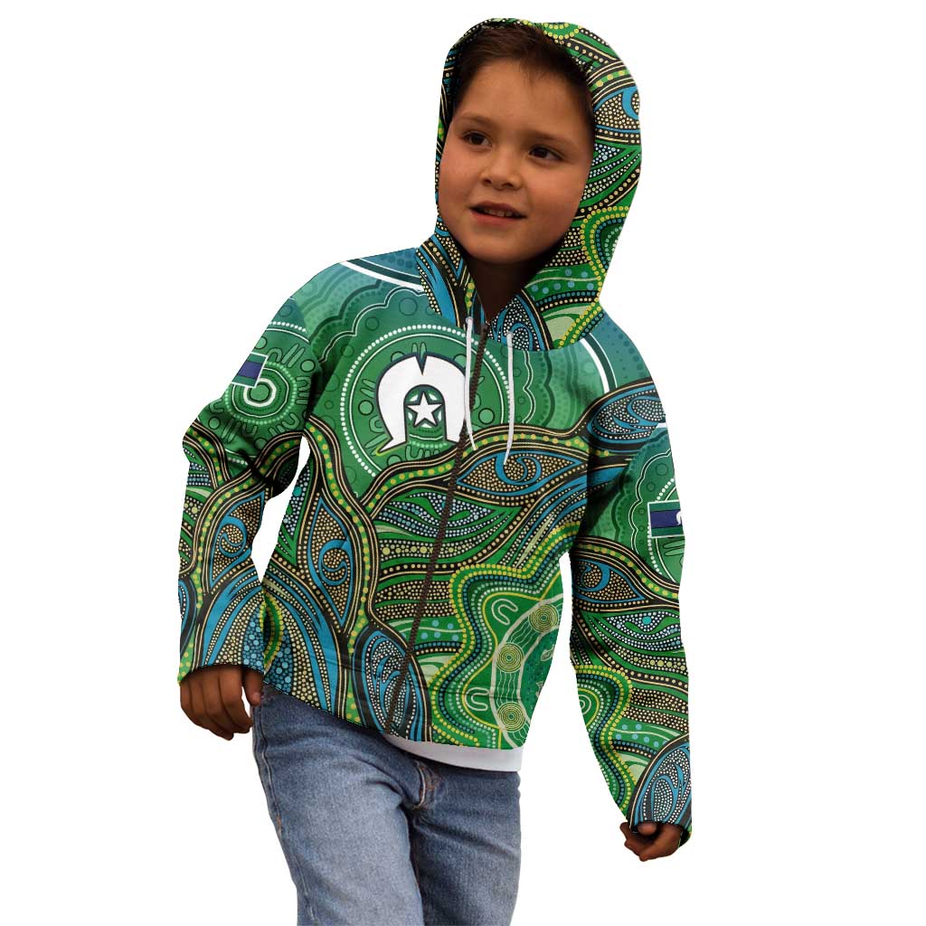Torres Strait Islands Kid Hoodie Indigenous Ocean Wave Dot Green Color