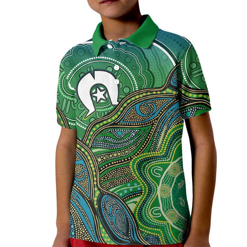 Torres Strait Islands Kid Polo Shirt Indigenous Ocean Wave Dot Green Color