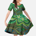 Torres Strait Islands Kid Short Sleeve Dress Indigenous Ocean Wave Dot Green Color