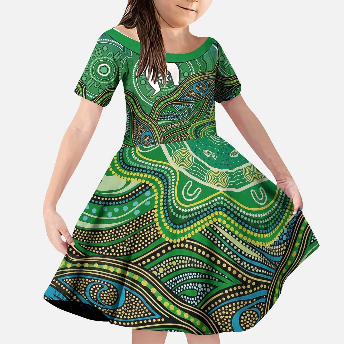 Torres Strait Islands Kid Short Sleeve Dress Indigenous Ocean Wave Dot Green Color