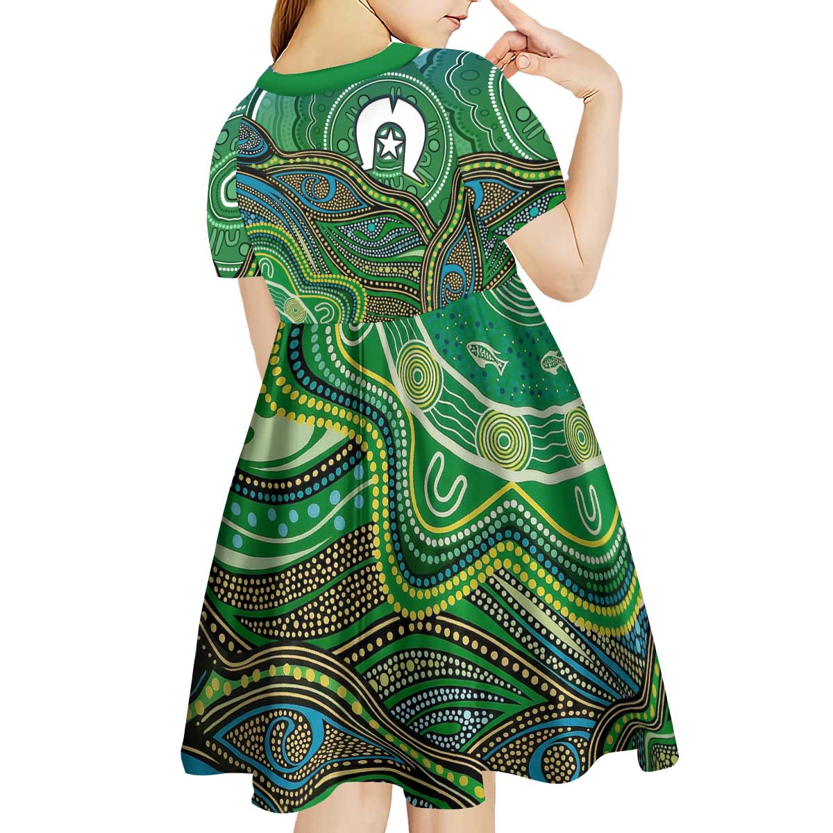 Torres Strait Islands Kid Short Sleeve Dress Indigenous Ocean Wave Dot Green Color