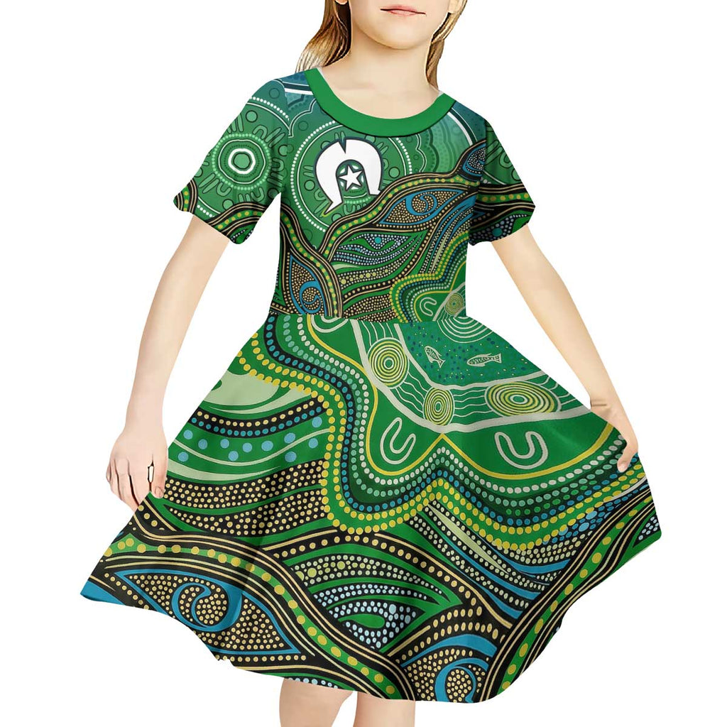 Torres Strait Islands Kid Short Sleeve Dress Indigenous Ocean Wave Dot Green Color