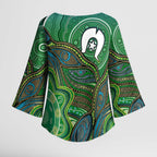 Torres Strait Islands Kimono Sleeve Blouse Indigenous Ocean Wave Dot Green Color