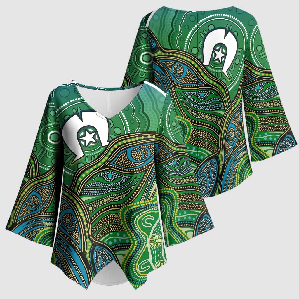 Torres Strait Islands Kimono Sleeve Blouse Indigenous Ocean Wave Dot Green Color