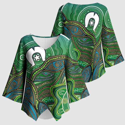 Torres Strait Islands Kimono Sleeve Blouse Indigenous Ocean Wave Dot Green Color