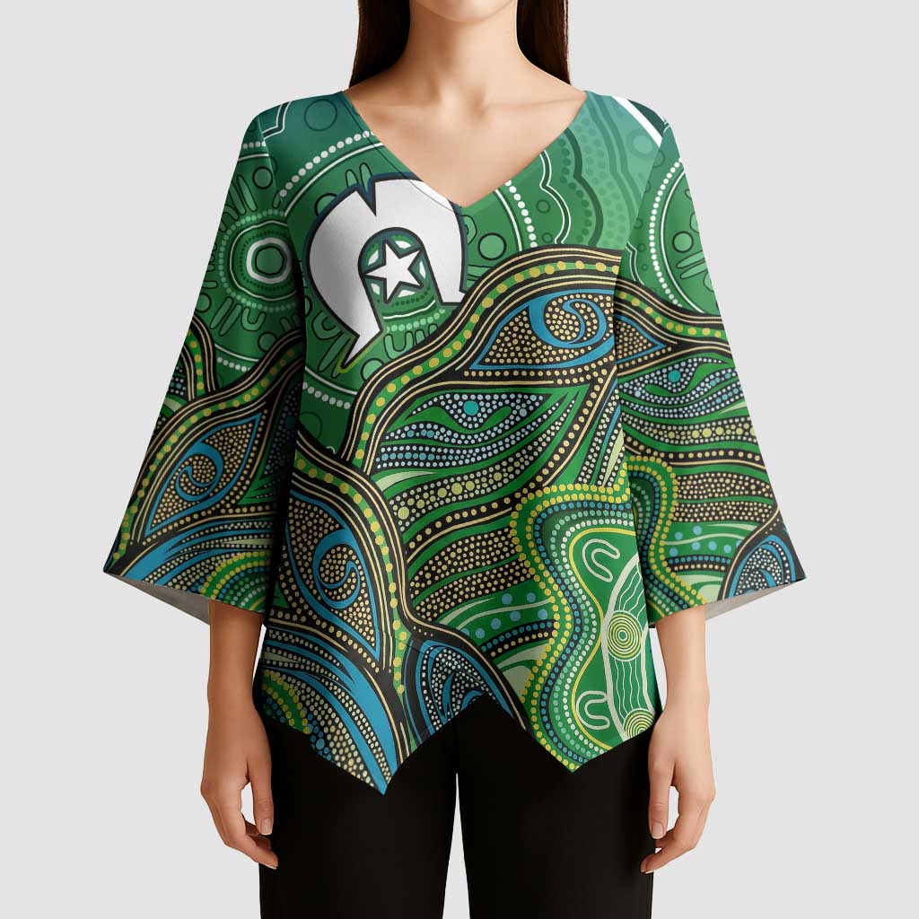 Torres Strait Islands Kimono Sleeve Blouse Indigenous Ocean Wave Dot Green Color