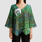 Torres Strait Islands Kimono Sleeve Blouse Indigenous Ocean Wave Dot Green Color