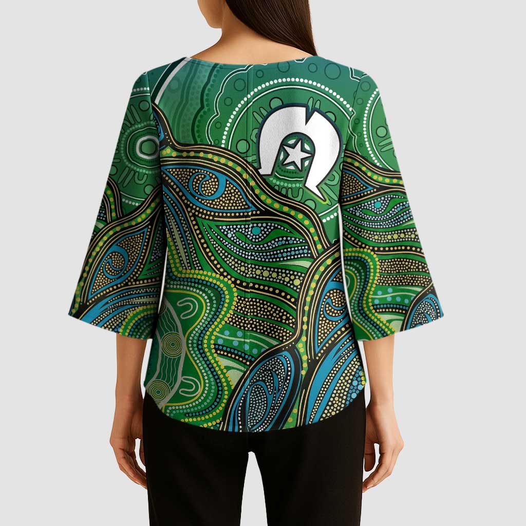 Torres Strait Islands Kimono Sleeve Blouse Indigenous Ocean Wave Dot Green Color