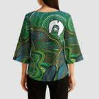 Torres Strait Islands Kimono Sleeve Blouse Indigenous Ocean Wave Dot Green Color