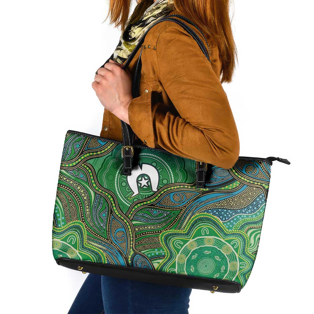 Torres Strait Islands Leather Tote Bag Indigenous Ocean Wave Dot Green Color
