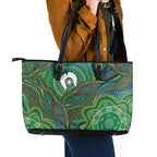 Torres Strait Islands Leather Tote Bag Indigenous Ocean Wave Dot Green Color