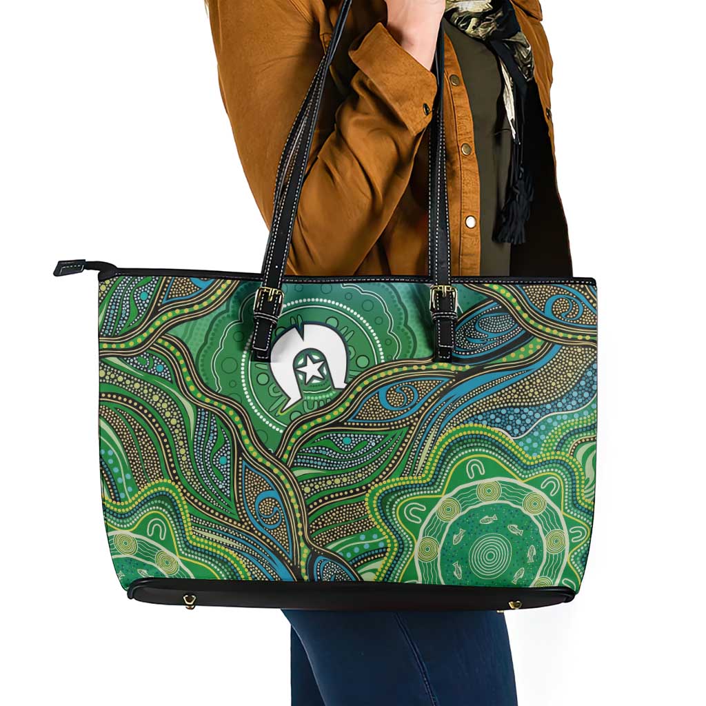 Torres Strait Islands Leather Tote Bag Indigenous Ocean Wave Dot Green Color