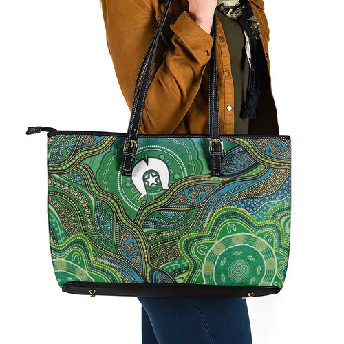 Torres Strait Islands Leather Tote Bag Indigenous Ocean Wave Dot Green Color