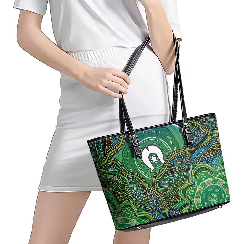 Torres Strait Islands Leather Tote Bag Indigenous Ocean Wave Dot Green Color