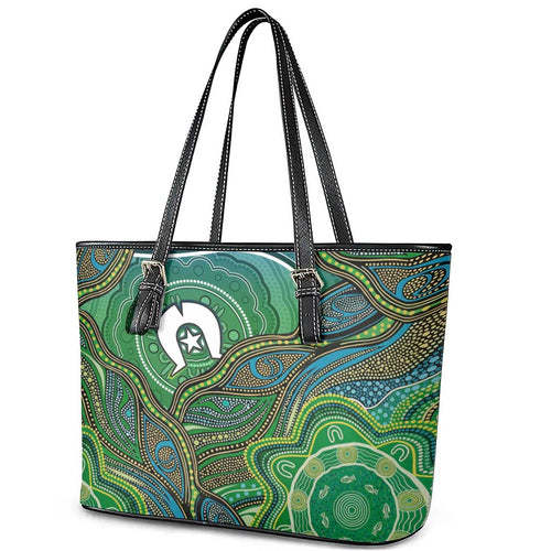 Torres Strait Islands Leather Tote Bag Indigenous Ocean Wave Dot Green Color