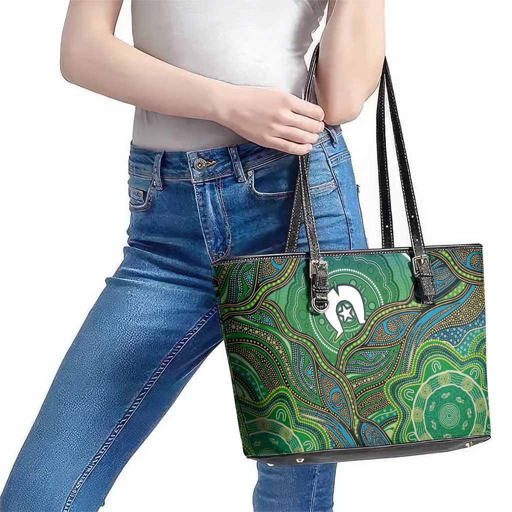 Torres Strait Islands Leather Tote Bag Indigenous Ocean Wave Dot Green Color