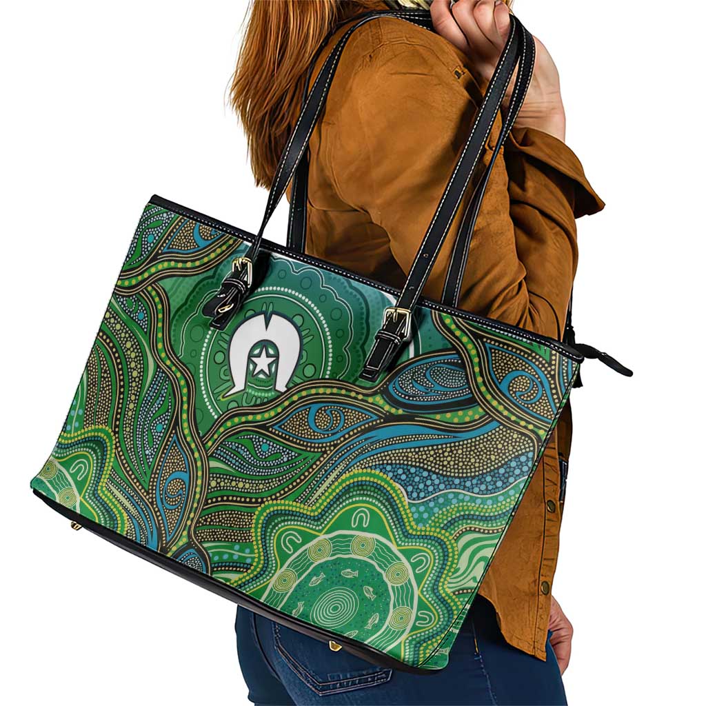 Torres Strait Islands Leather Tote Bag Indigenous Ocean Wave Dot Green Color