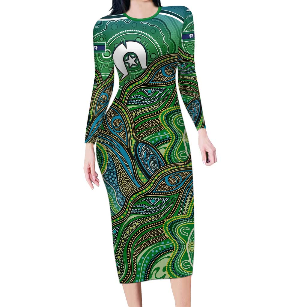 Torres Strait Islands Long Sleeve Bodycon Dress Indigenous Ocean Wave Dot Green Color