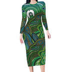 Torres Strait Islands Long Sleeve Bodycon Dress Indigenous Ocean Wave Dot Green Color