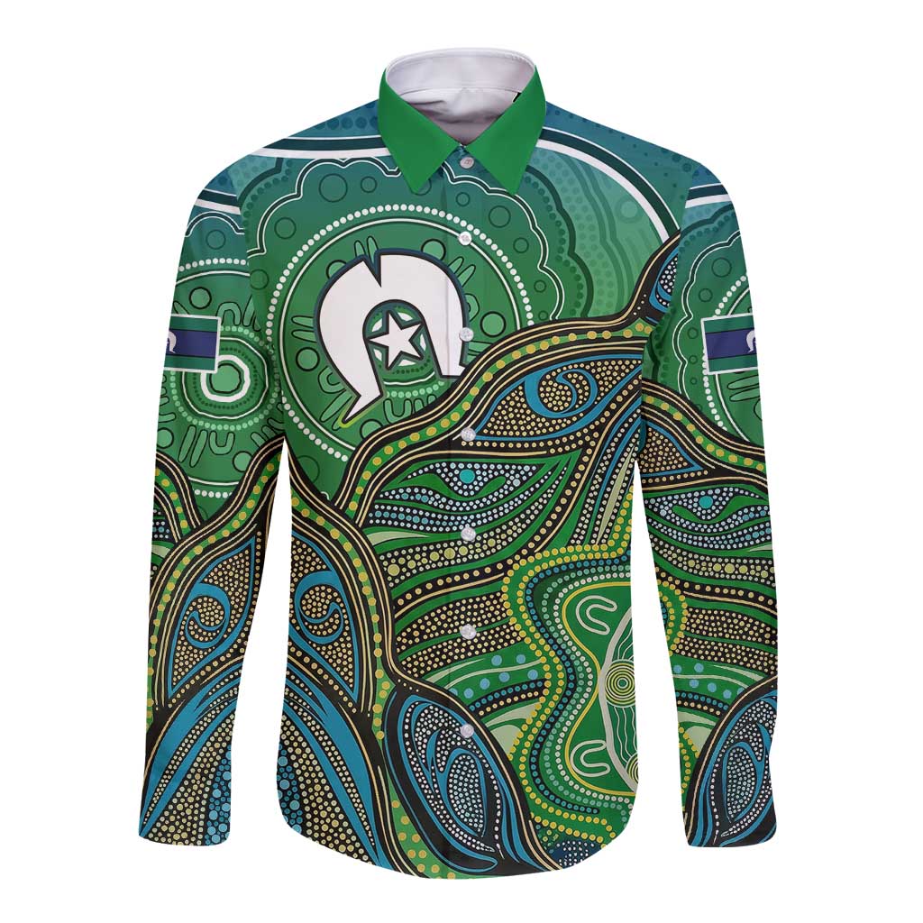 Torres Strait Islands Long Sleeve Button Shirt Indigenous Ocean Wave Dot Green Color