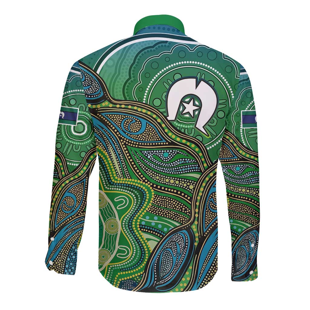 Torres Strait Islands Long Sleeve Button Shirt Indigenous Ocean Wave Dot Green Color