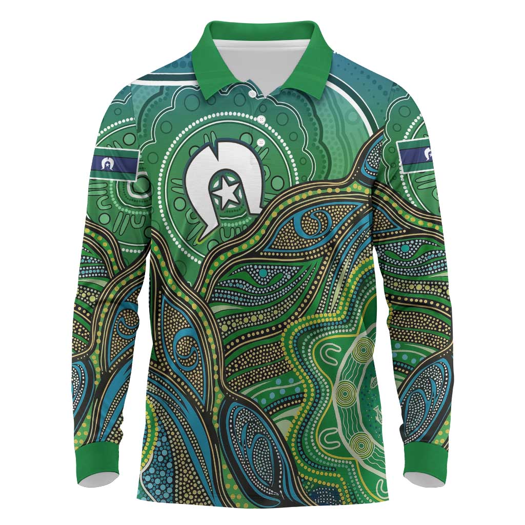 Torres Strait Islands Long Sleeve Polo Shirt Indigenous Ocean Wave Dot Green Color