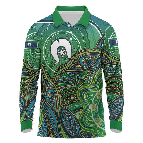 Torres Strait Islands Long Sleeve Polo Shirt Indigenous Ocean Wave Dot Green Color