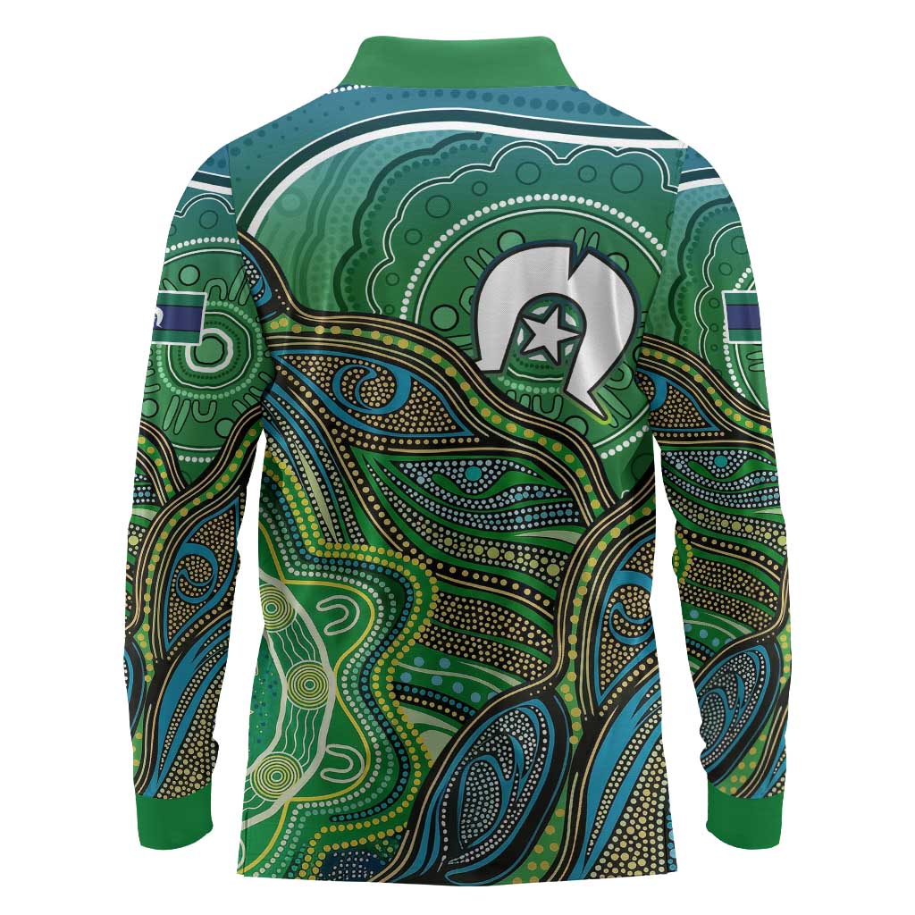 Torres Strait Islands Long Sleeve Polo Shirt Indigenous Ocean Wave Dot Green Color