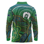 Torres Strait Islands Long Sleeve Polo Shirt Indigenous Ocean Wave Dot Green Color