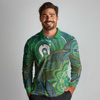 Torres Strait Islands Long Sleeve Polo Shirt Indigenous Ocean Wave Dot Green Color