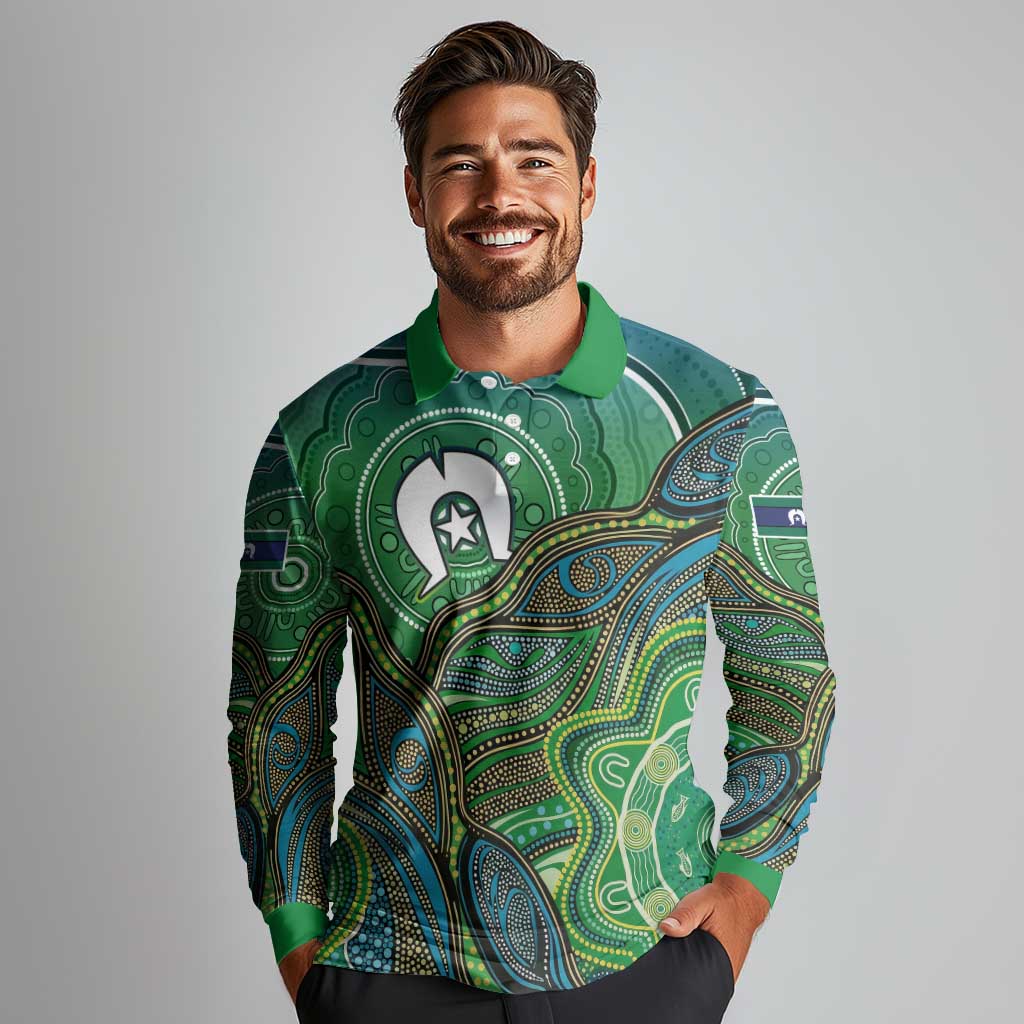 Torres Strait Islands Long Sleeve Polo Shirt Indigenous Ocean Wave Dot Green Color