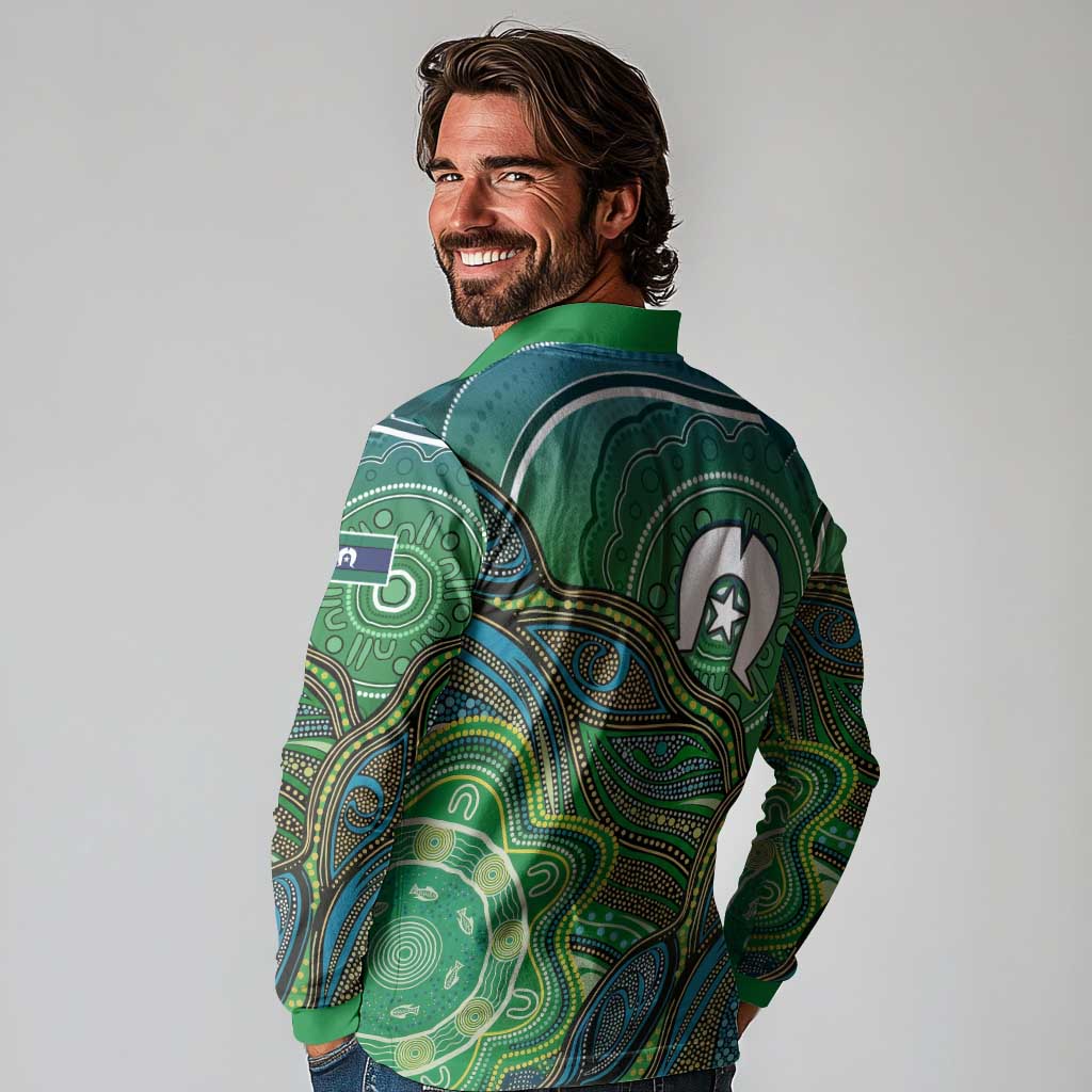Torres Strait Islands Long Sleeve Polo Shirt Indigenous Ocean Wave Dot Green Color