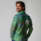Torres Strait Islands Long Sleeve Polo Shirt Indigenous Ocean Wave Dot Green Color