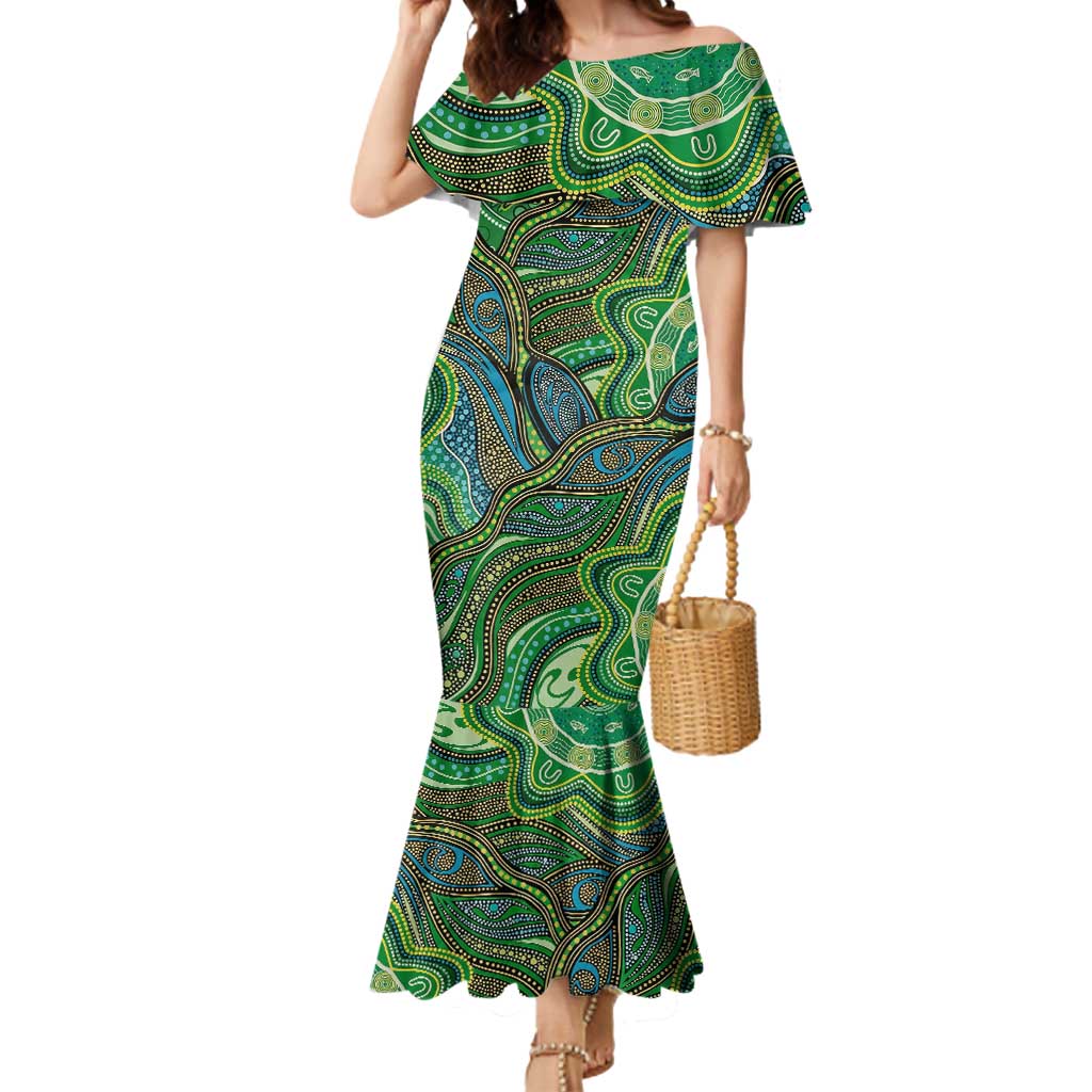 Torres Strait Islands Mermaid Dress Indigenous Ocean Wave Dot Green Color