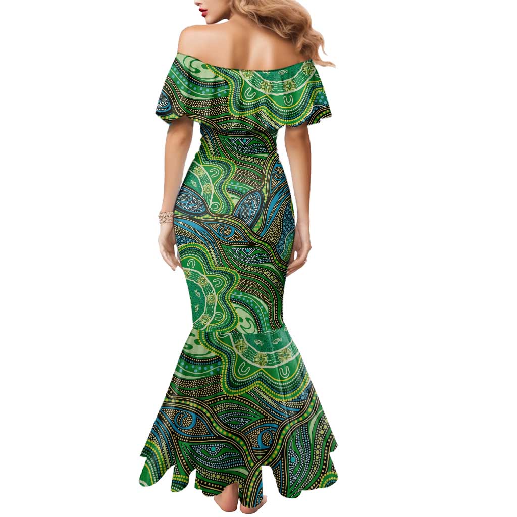 Torres Strait Islands Mermaid Dress Indigenous Ocean Wave Dot Green Color