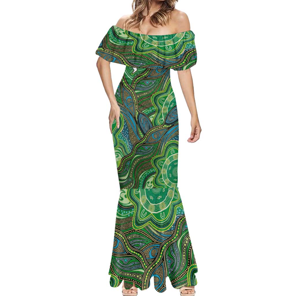 Torres Strait Islands Mermaid Dress Indigenous Ocean Wave Dot Green Color