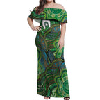 Torres Strait Islands Off Shoulder Maxi Dress Indigenous Ocean Wave Dot Green Color