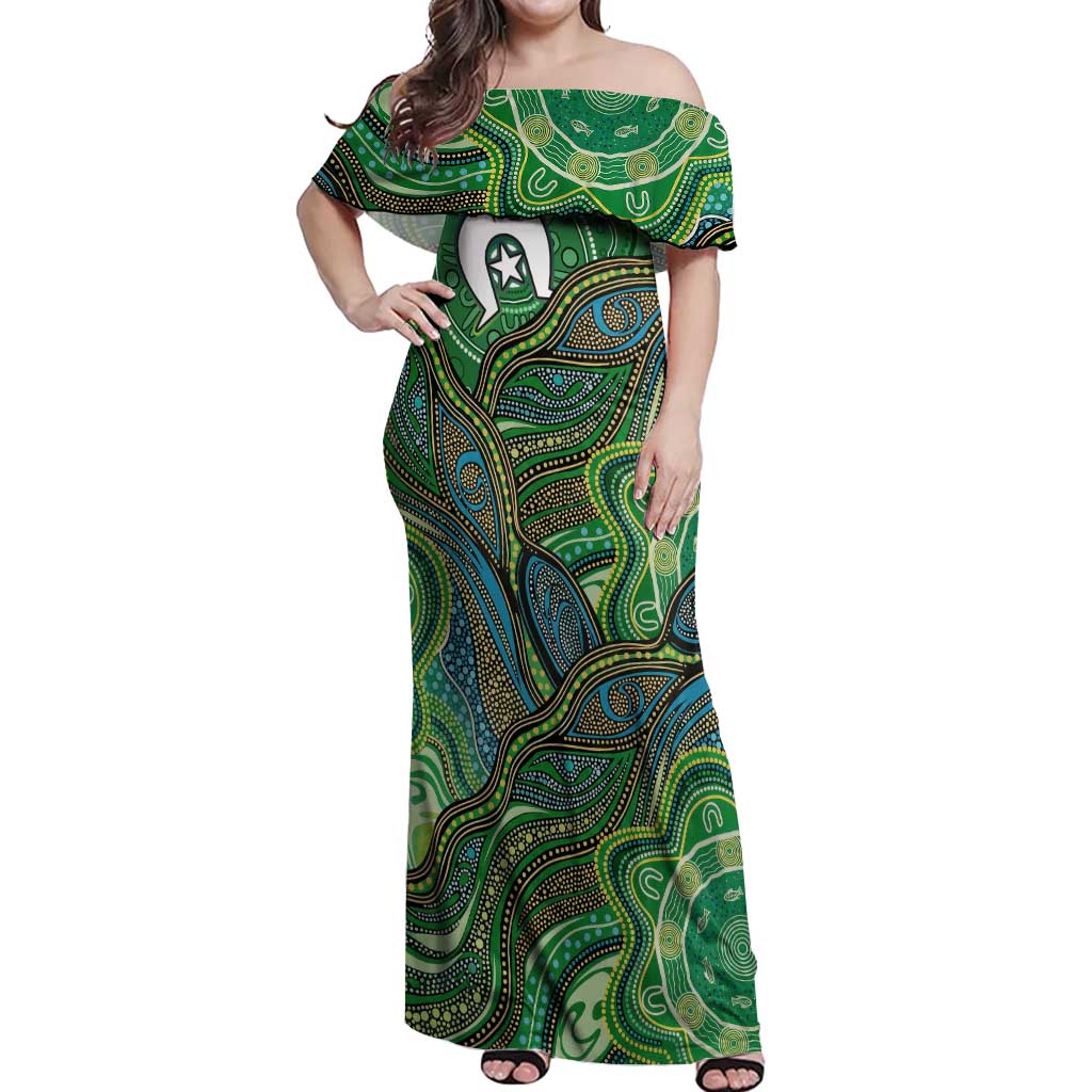 Torres Strait Islands Off Shoulder Maxi Dress Indigenous Ocean Wave Dot Green Color