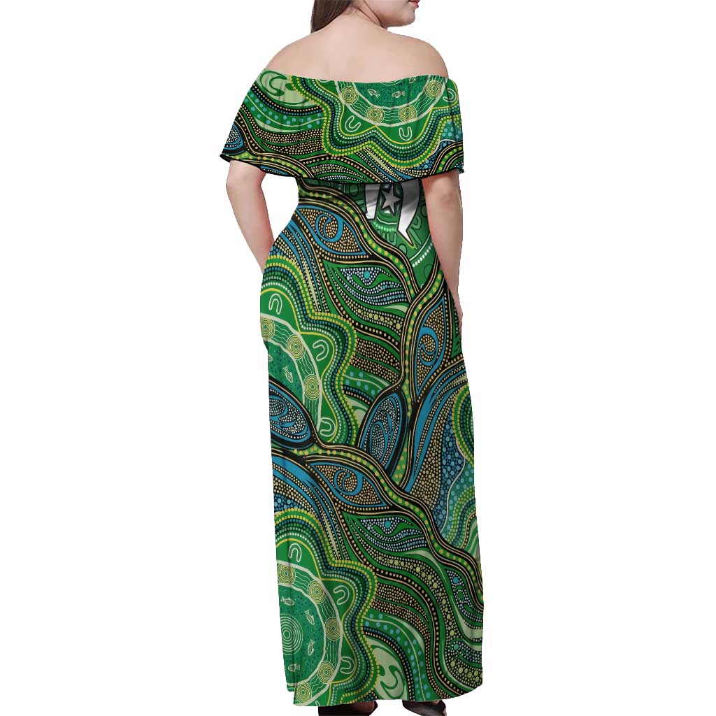 Torres Strait Islands Off Shoulder Maxi Dress Indigenous Ocean Wave Dot Green Color