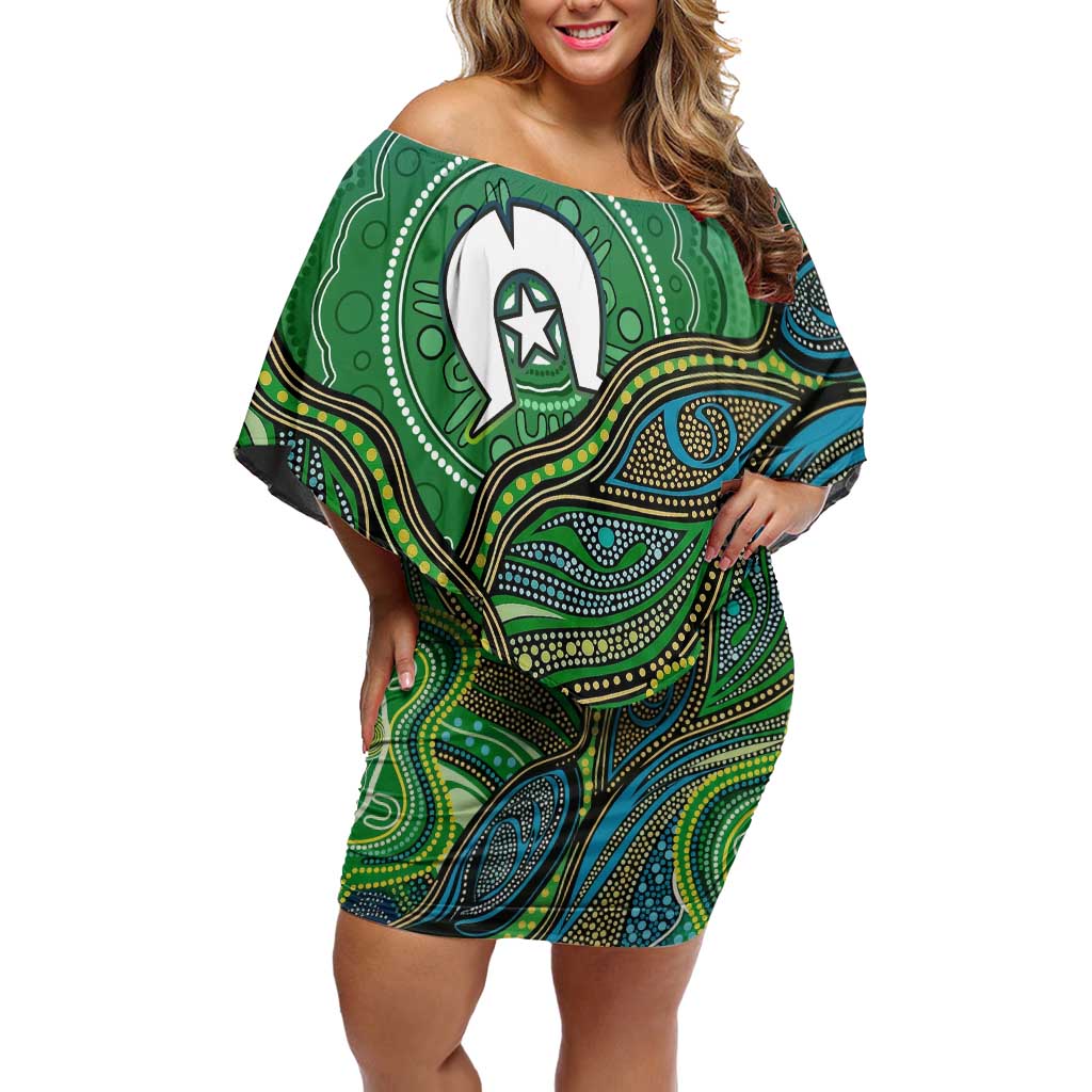 Torres Strait Islands Off Shoulder Short Dress Indigenous Ocean Wave Dot Green Color