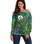 Torres Strait Islands Off Shoulder Sweater Indigenous Ocean Wave Dot Green Color